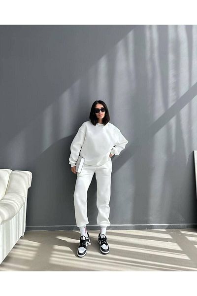 CLAYES Unprinted Sweatpants Set Sweatshirt Jogger - White Oversize Raised Crew Neck