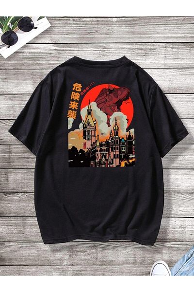 VBSVİBES Men's Black Oversize Japanese Dinosaur Printed T-shirt