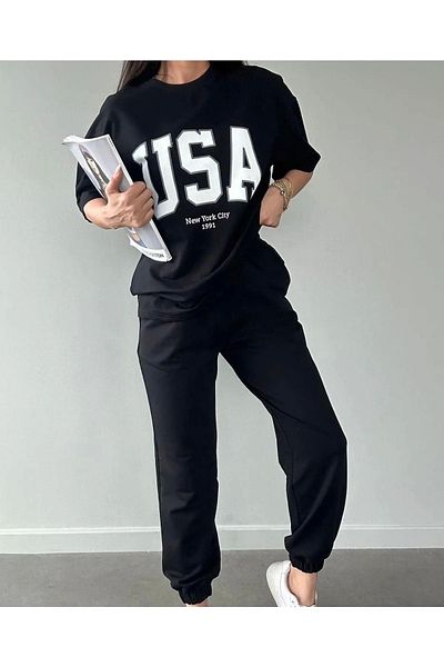 CLAYES USA T-shirt Sweatpants Jogger- Black Printed Bottom Top Tracksuit Set Oversize Crew Neck