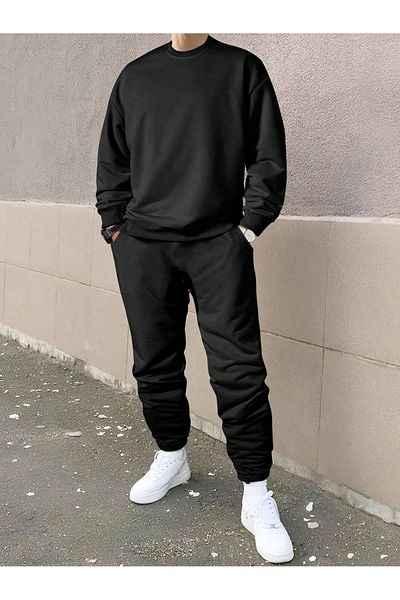 DUBU BUTİK Ανδρικό Σετ Φούτερ Jogger - Μαύρο Oversize Raised Crew Neck