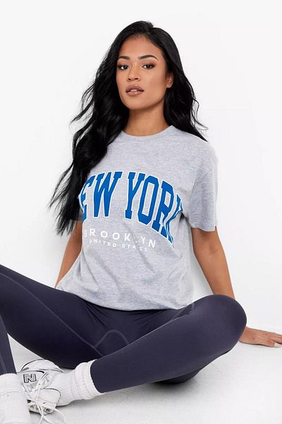 CLAYES Γκρι Oversize New York T-shirt - Oversize Printed