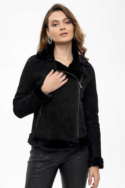 Deriderim Violet Black Zippered Biker Genuine Leather Women's Lamb Fur Coat
