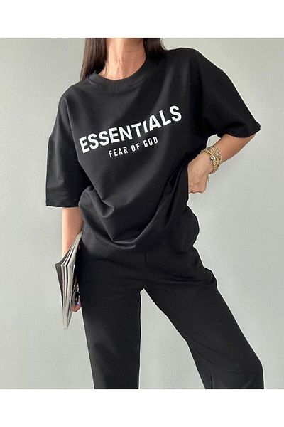 DUBU BUTİK Essentials T-Shirt Φούτερ Jogger- Μαύρη στάμπα στο κάτω μέρος Σετ φούτερ Oversize Crew Neck
