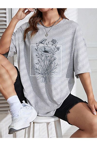 CLAYES Floral Pattern T-shirt - Gray Printed Oversize Crew Neck Short Sleeve T-Shirt