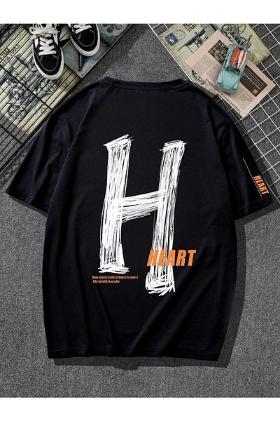 VBSVİBES Tricou negru oversize pentru bărbați, tricotat cu imprimeu H Heart