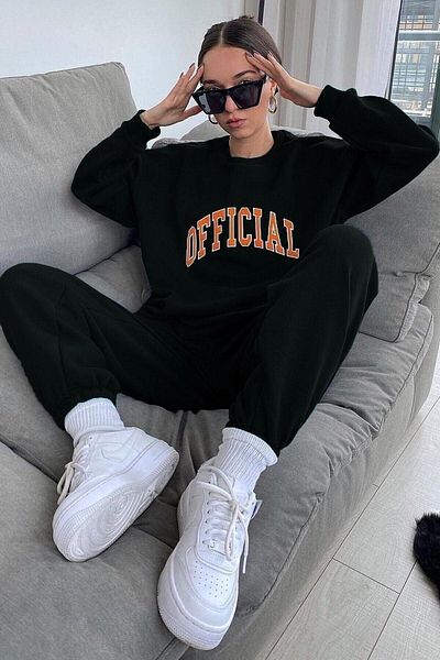 DUBU BUTİK طقم رياضي رسمي سويت شيرت Jogger - رقبة دائرية كبيرة الحجم مطبوعة باللون الأسود