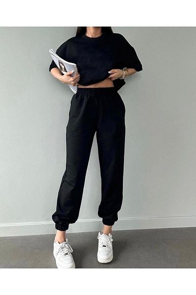 CLAYES Basic T-shirt Sweatpants Jogger Μαύρο Flat Top Top Σετ φόρμας Oversize Crew Neck