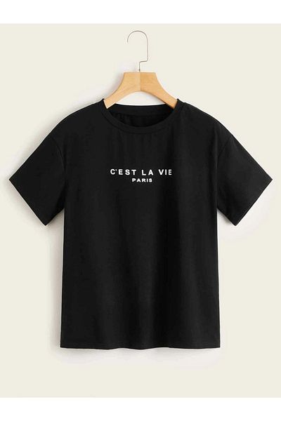 DUBU BUTİK Cest La Vie Paris T-Shirt - Black Printed Oversize Crew Neck