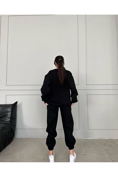 CLAYES Val Mountain Logo Tracksuit Set Sweatshirt Jogger - Black Printed Oversize Raised Crew Neck