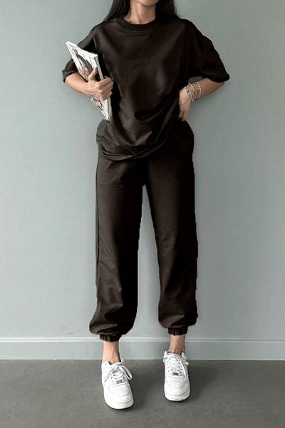 CLAYES Καφέ Σετ αθλητικών φόρμων Jogger - Crew Neck, Oversize, T-Shirt και Sweatpants