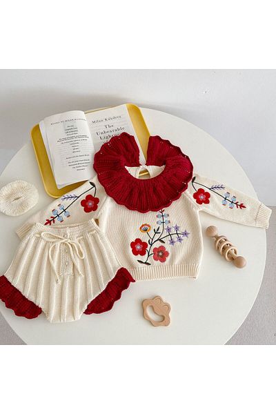 nannie Cream Knitted Outfit With Details for Little Girls Linda - 2-3 Years