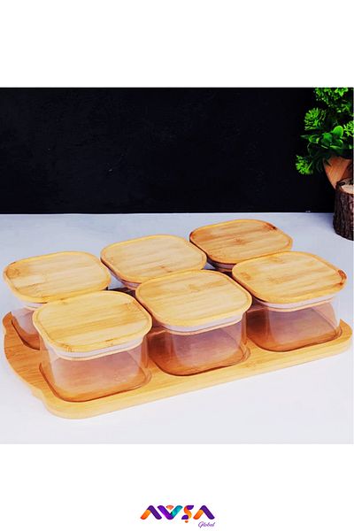 AVŞA Global 6 Trays Glass Breakfast Bamboo Lid Glass / Bamboo