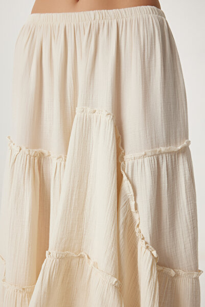 Lovelyİstanbul Φούστα Καλοκαιρινή Λινά Φούστα ΚΡΕΜΑ LNS0034