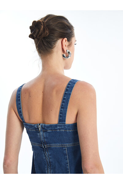 LC Waikiki Dámské džínové šaty se čtvercovým límcem s rovným popruhem