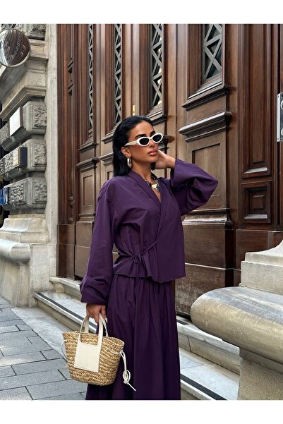 manana fashion Poplin  Kumaş yandan  bağlamalı Mor Gömlek Etek İkili Takım