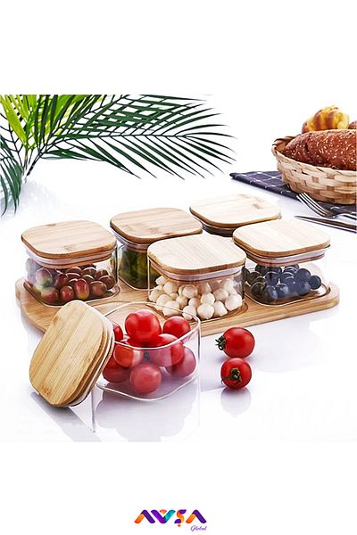 AVŞA Global 6 Trays Glass Breakfast Bamboo Lid Glass / Bamboo