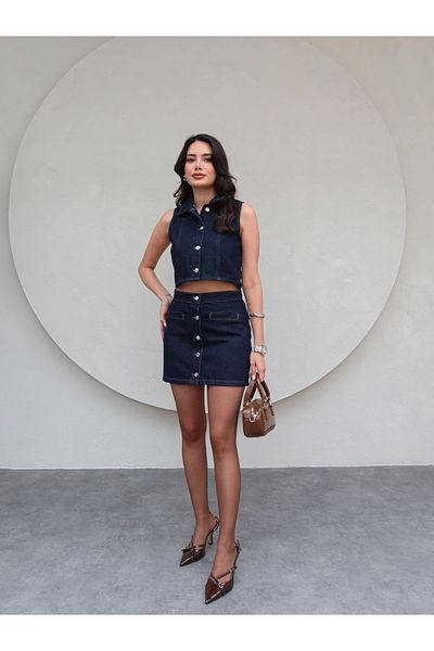 ESRAHELVACI Front Buttoned Denim Vest Skirt Set