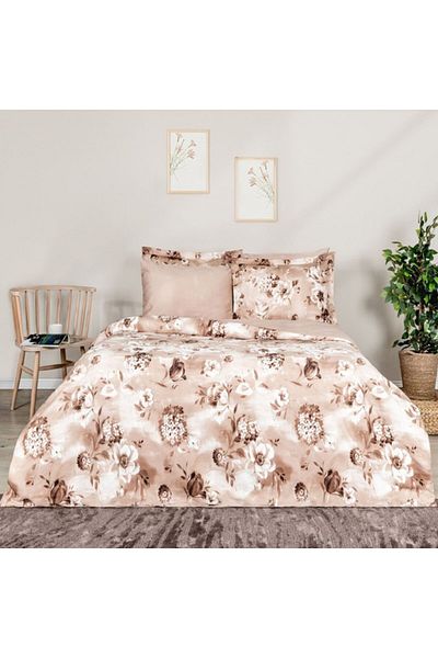 Taç Luxury satin double bed linen with floral print, TaçElegance, Vesta Beige