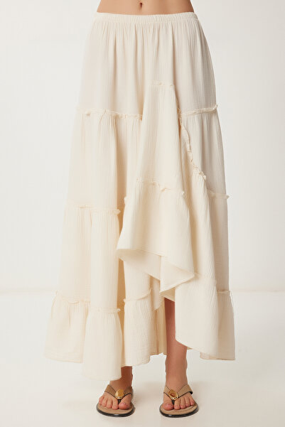 Lovelyİstanbul Φούστα Καλοκαιρινή Λινά Φούστα ΚΡΕΜΑ LNS0034