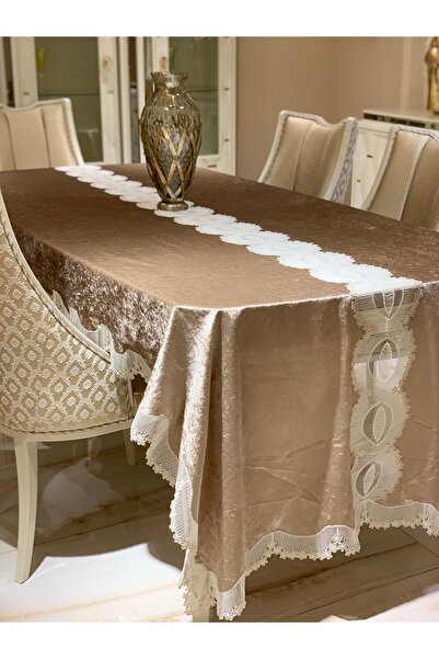 Masa Örtüsü Kahverengi Kadife Fransiz Dantelli 160/350 cm Masa Örtüsü