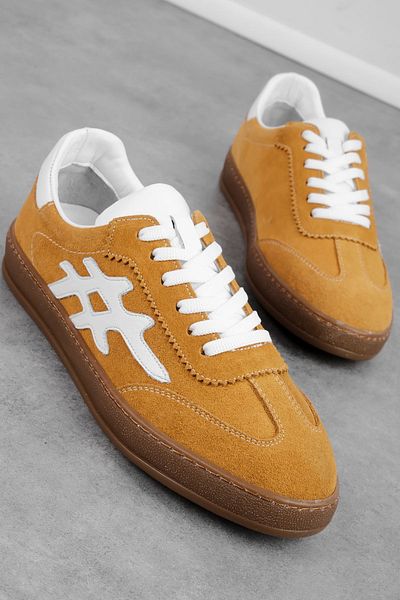 Lal Shoes & Bags Bressa Women's Genuine Leather Nubuck Detailed Lace-Up Casual Shoes-Mustard