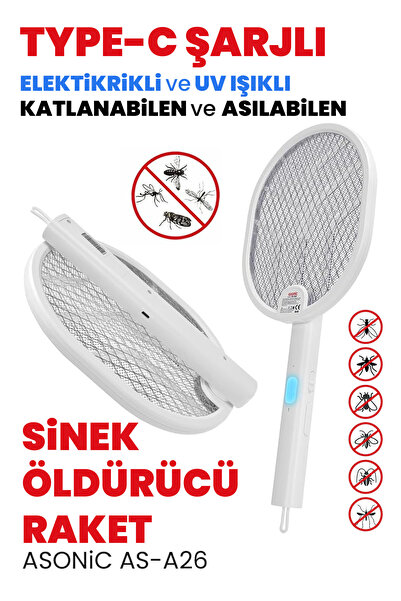 GüncelÇarşı Type-C Şarjlı UV Işıklı Sinek Raketi Katlanabilir Askılı Elektrik...