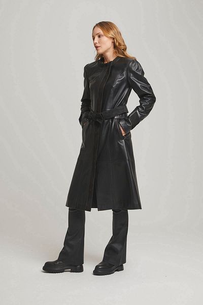 Deriderim Sadie Black Suede Garnished Flared Cut Waist Belt Cross Zipper Closure Women's Genuine Leather Coat