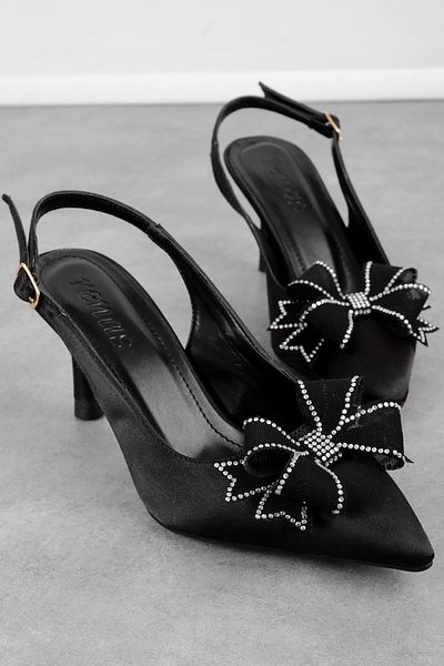 Lal Shoes & Bags Came Women's Stoned Ribbon Detailed Satin Open Back Pointed Toe Heeled Shoes-Black