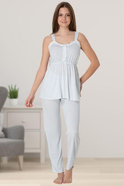 LOHOUSE Set de pijamale de maternitate cu dungi cu bretele albastre pentru femei, 3 piese