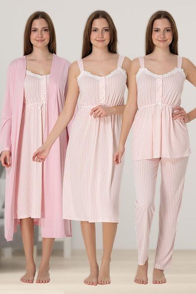 LOHOUSE Women's Strappy Powder Striped Maternity Pajamas Set 4 Pieces