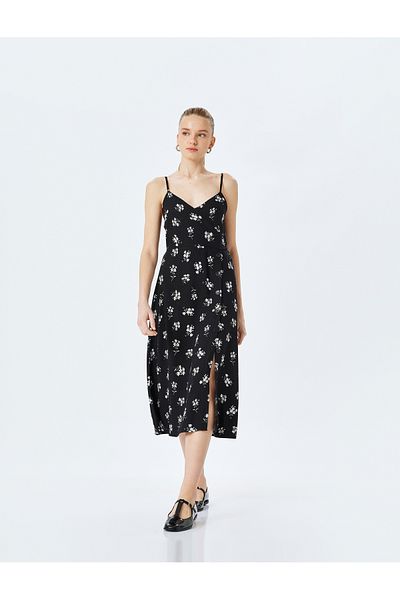 Koton New Season Rope Strap Double Breasted Collar Floral Buttoned Viscose Midi Dress