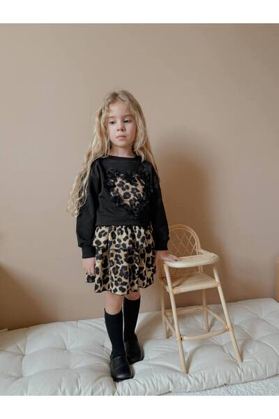 YİGİT BUTİK Leopard Patterned Girl's Skirted Set