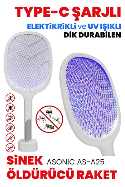 GüncelÇarşı Type-c Şarjlı Uv Işıklı Sinek Raketi Dik Durabilen Elektrikli Sin...