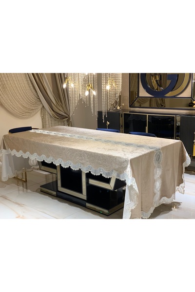 Masa Örtüsü Kahverengi Fransiz Dantelli 160/300 cm Masa Örtüsü