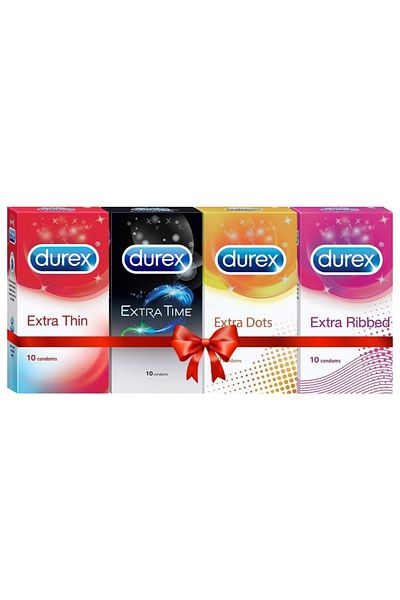 Durex واقيات ذكرية متعددة العبوات للرجال (وقت إضافي، منقط إضافي، مضلع إضافي، وقت إضافي) - 10 قطع (Pa