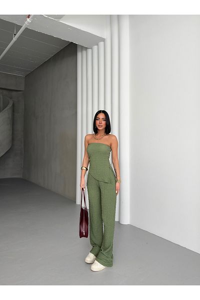 ELBEY Strapless Blouse Trousers Double Set with Side Slits