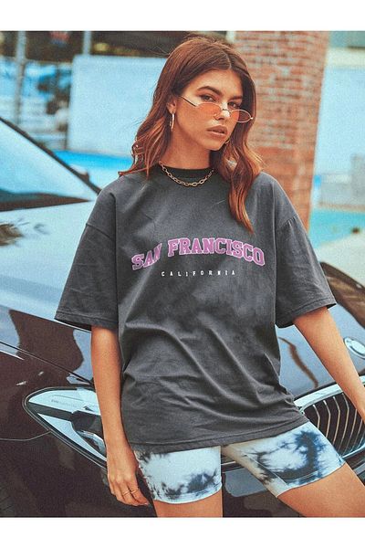 DUBU BUTİK تي شيرت سان فرانسيسكو كبير الحجم مدخن - مطبوع كبير الحجم