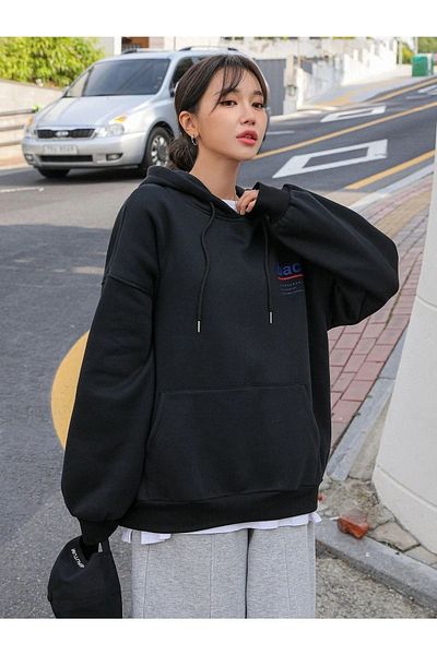 DUBU BUTİK Back Youngchance T-Sweatshirt - Black Printed Oversize Hoodie