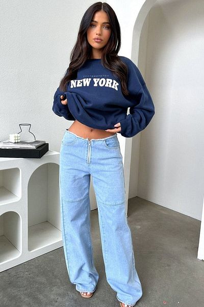 DUBU BUTİK Thatsofetch New York Sweatshirt - Navy Blue Printed Oversize Crew Neck