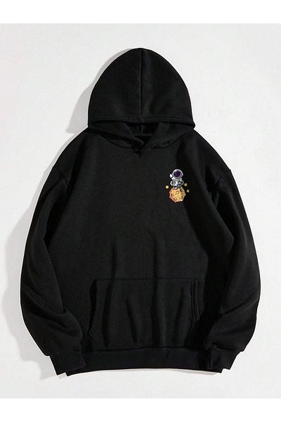 DUBU BUTİK Space Travel Sweatshirt - Black Printed Oversize Hoodie