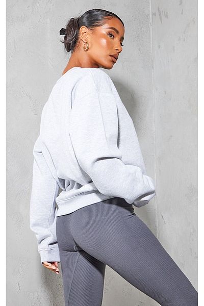 DUBU BUTİK Γκρι Oversize Crew Neck Απλό Φούτερ - Μακρυμάνικο
