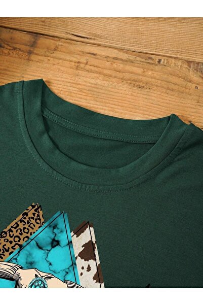 DUBU BUTİK Μπλουζάκι Bone Head - Πράσινο Oversize Printed Crew Neck