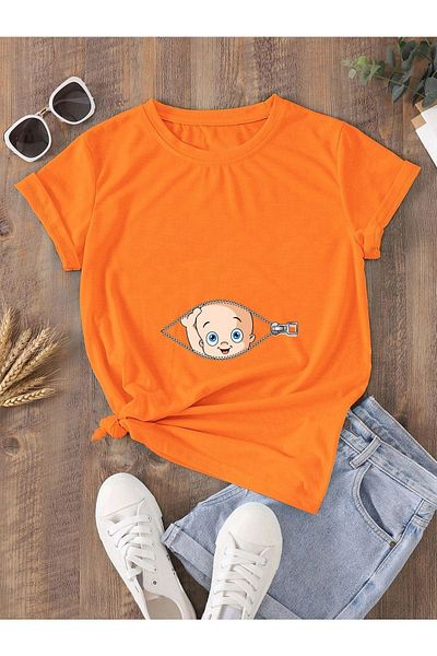 DUBU BUTİK Orange Oversize Maternity T-Shirt - Baby Zipper Printed, Crew Neck