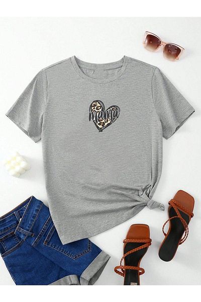 DUBU BUTİK Μπλουζάκι Pregnant Gebe Mama Heart Printed - Grey Crew Neck Oversize T-shirt
