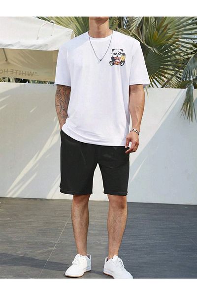 DUBU BUTİK Panda Kung Fu T-shirt Shorts - White Black Bottom Top Team Shorts T-shirt Combo Printed Crew Neck