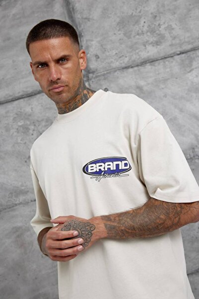 Erkek Krem Brand Authentıc Oversize Fit Bol Geniş Kalıp Tshirt