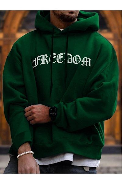 DUBU BUTİK Freedom Sweatshirt - Green Printed Oversize Hoodie