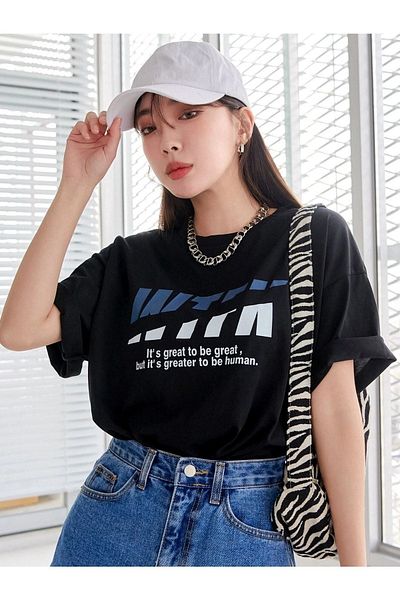 DUBU BUTİK Wtfk T-Shirt - Black Printed Oversize Crew Neck Short Sleeve
