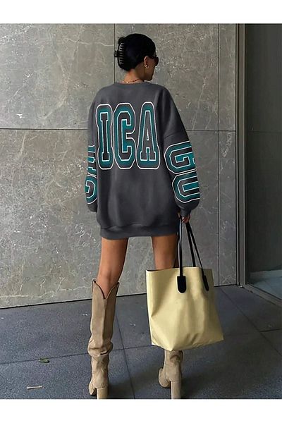 DUBU BUTİK Ica Winter Thick Sweatshirt - Smoked Printed Oversize Thick Winter Crew Neck