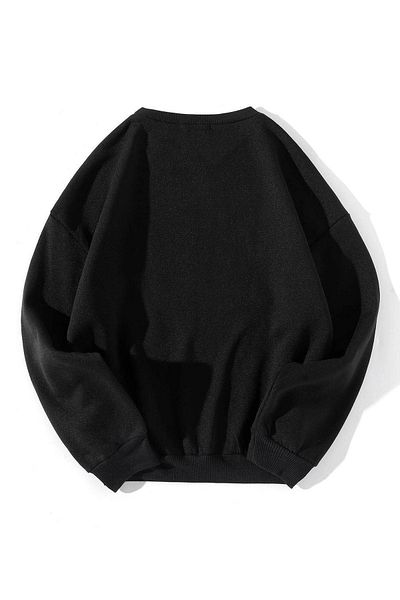 DUBU BUTİK Brooklyn Blue Design Sweatshirt - Black Printed Oversize Crew Neck